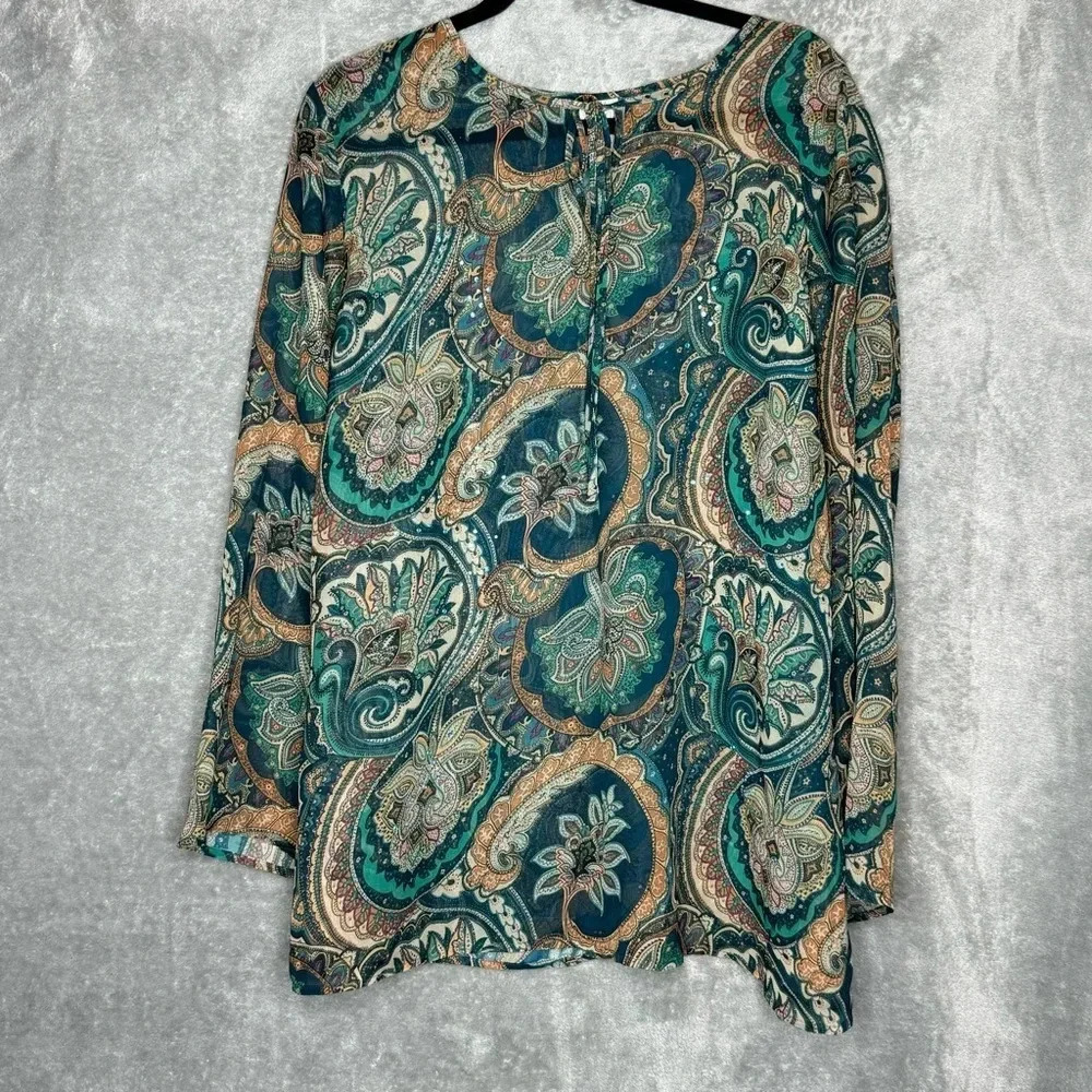 Fashion Bug 20W 1X Shirt Top Green Paisley Long Sleeve Keyhole Round Neck Sheer